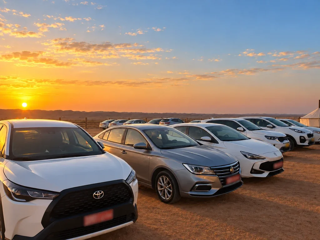 Sedan cars parked at Al Salam Desert Camp — access for guests arriving in their own car